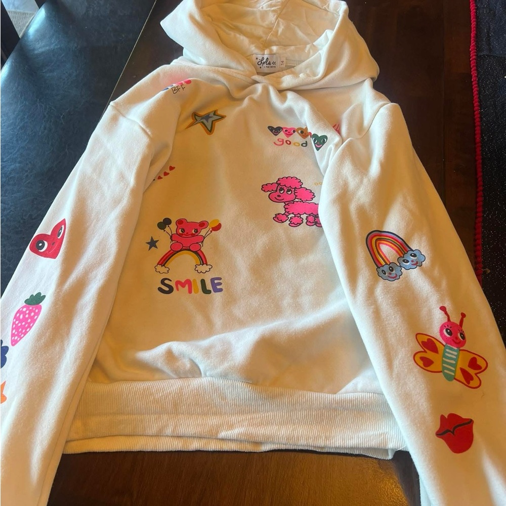 Lola + The Boys White Hoodie with Colorful Graphics